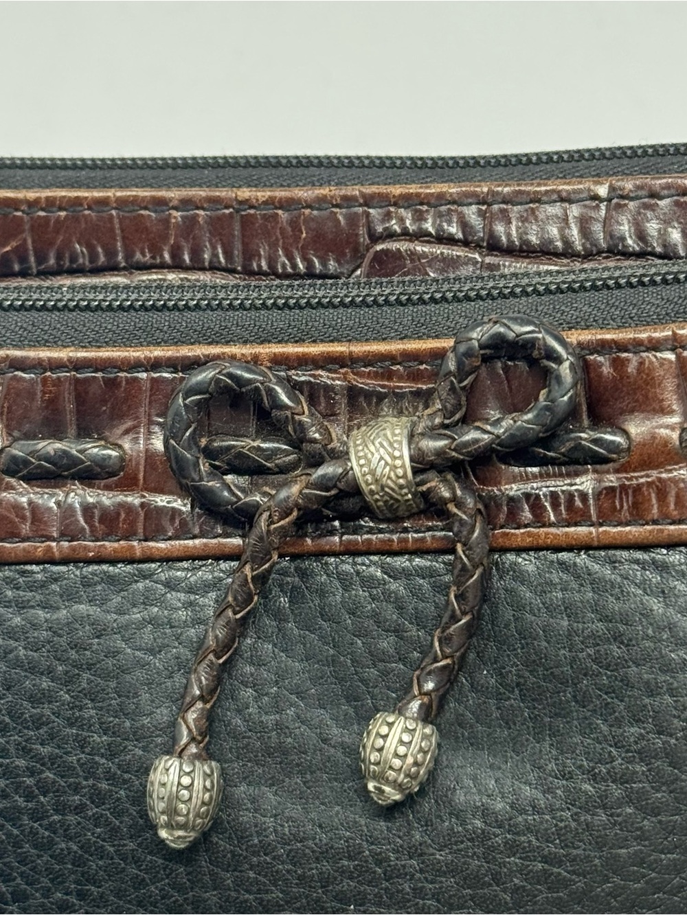 Vintage Brighton Black Brown Leather Crossbody Purse Silver Heart Charm - Picture 6 of 14